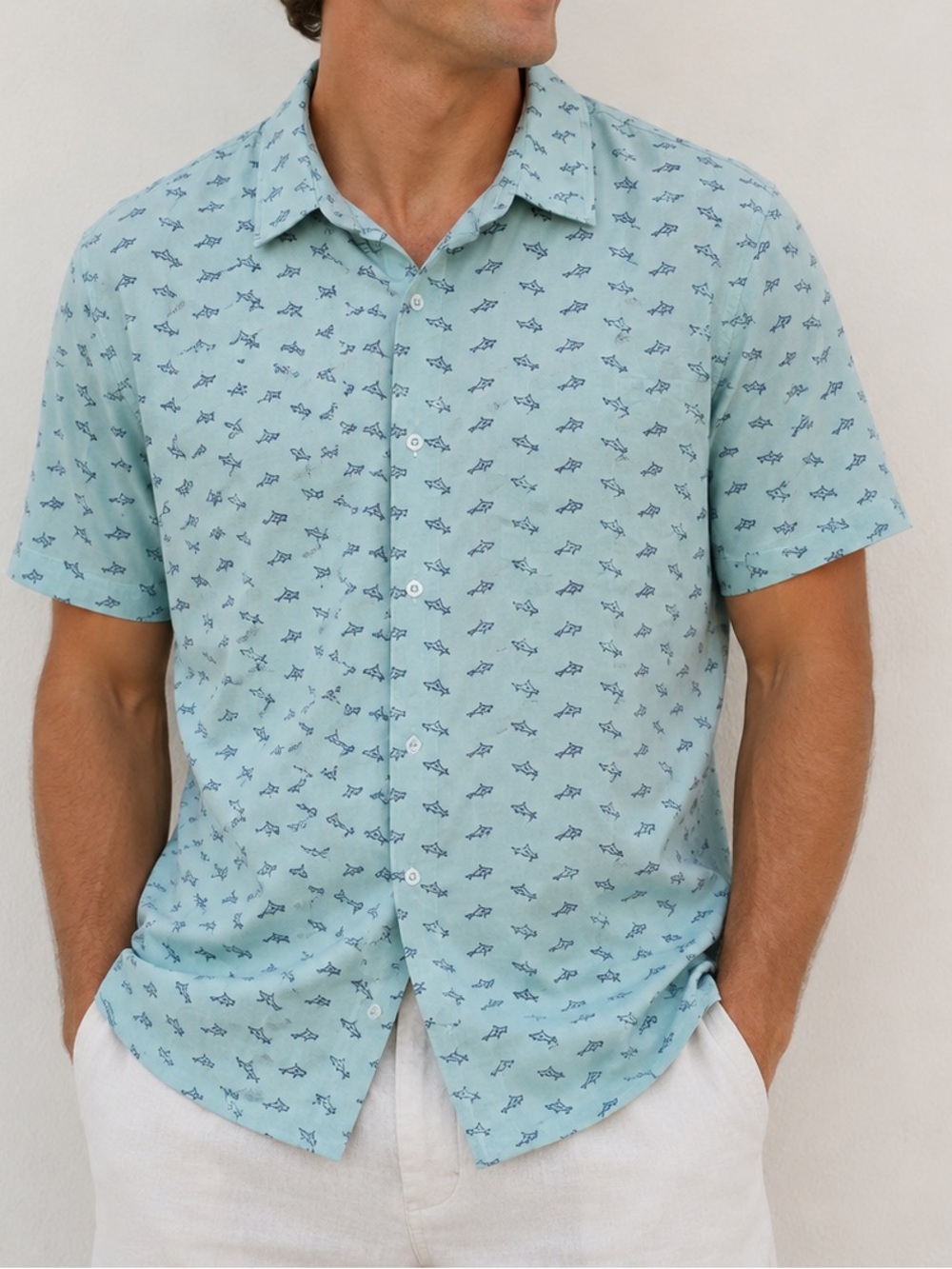 Shark Print Button-Up Shirt Light Blue Aqua Coastal Beach Short Sleeve